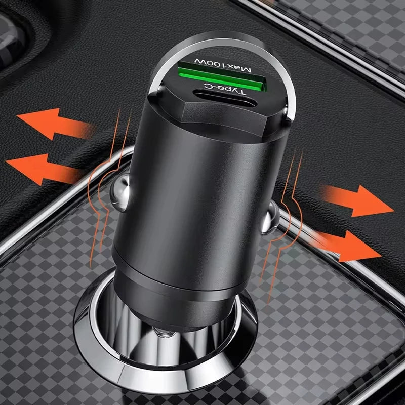 100W Mini Car Charger – PD & QC3.0 Fast Charging