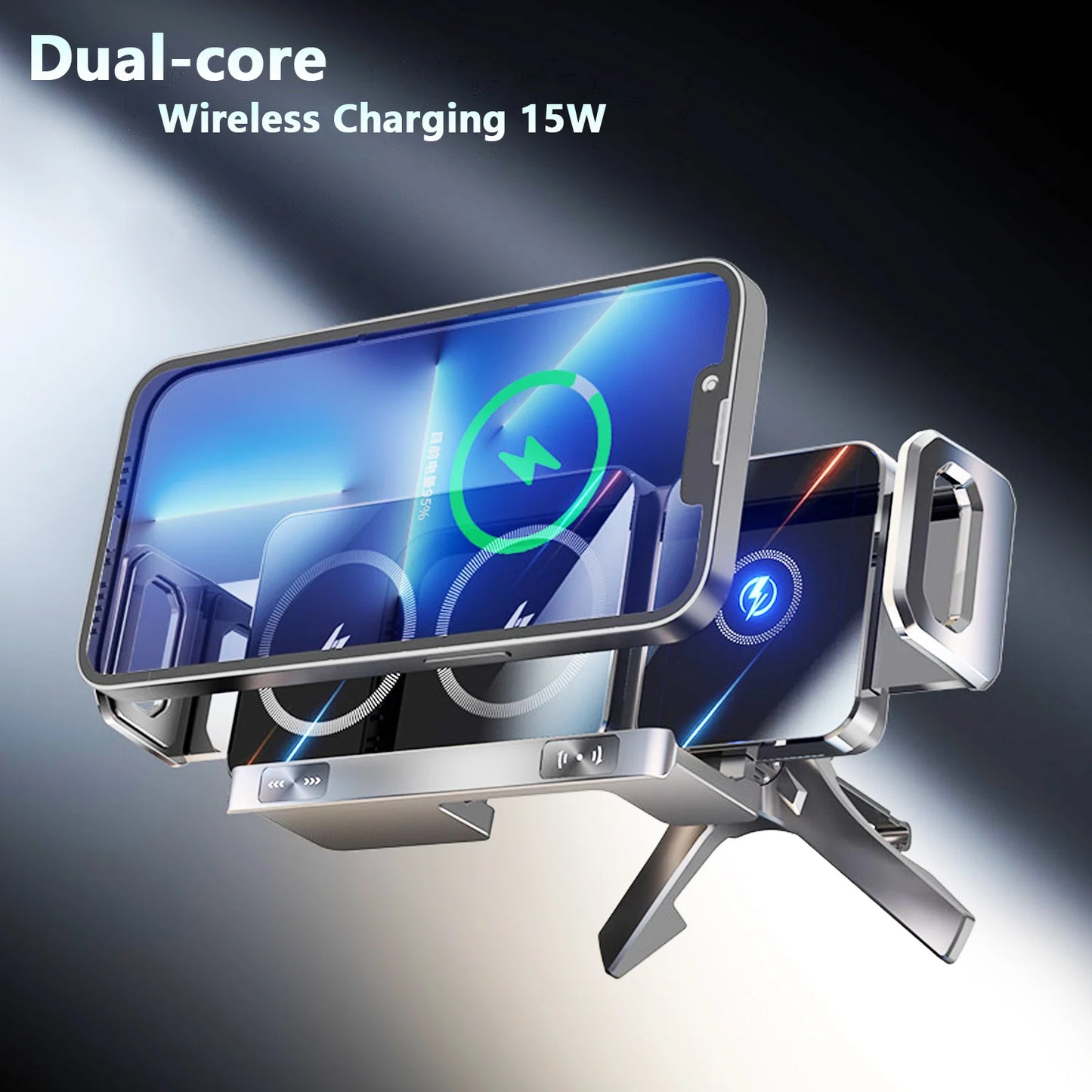 15W Dual Coil Foldable Wireless Car Charger – Secure and Fast Charging