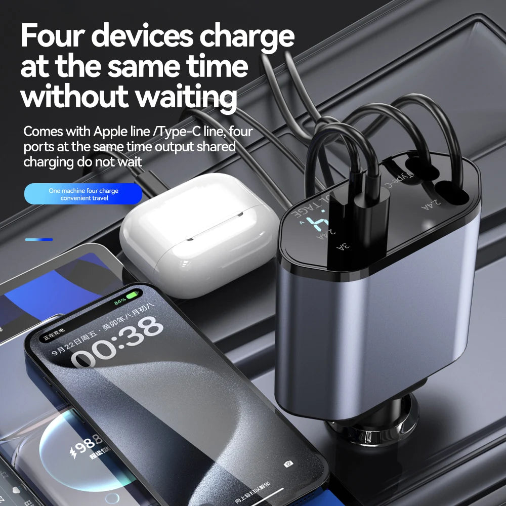 100W 4-in-1 Retractable Car Charger – Fast & Convenient Charging on the Go!