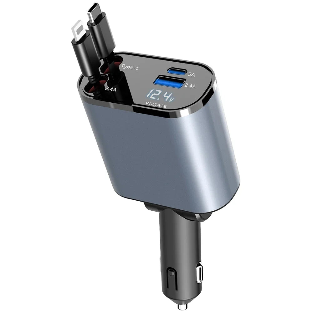 100W 4-in-1 Retractable Car Charger – Fast & Convenient Charging on the Go!