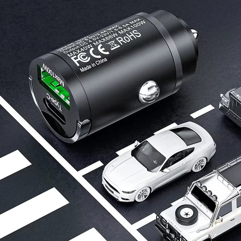 100W Mini Car Charger – PD & QC3.0 Fast Charging