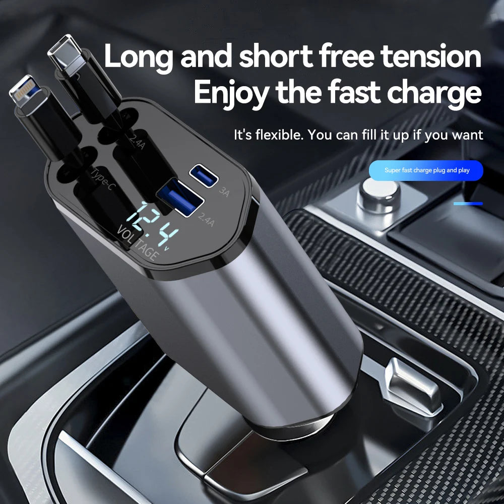 100W 4-in-1 Retractable Car Charger – Fast & Convenient Charging on the Go!