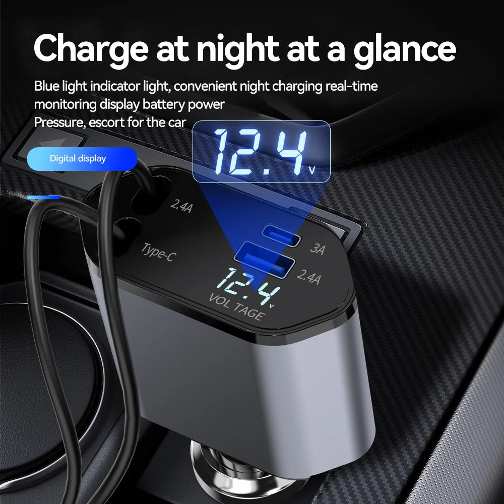 100W 4-in-1 Retractable Car Charger – Fast & Convenient Charging on the Go!