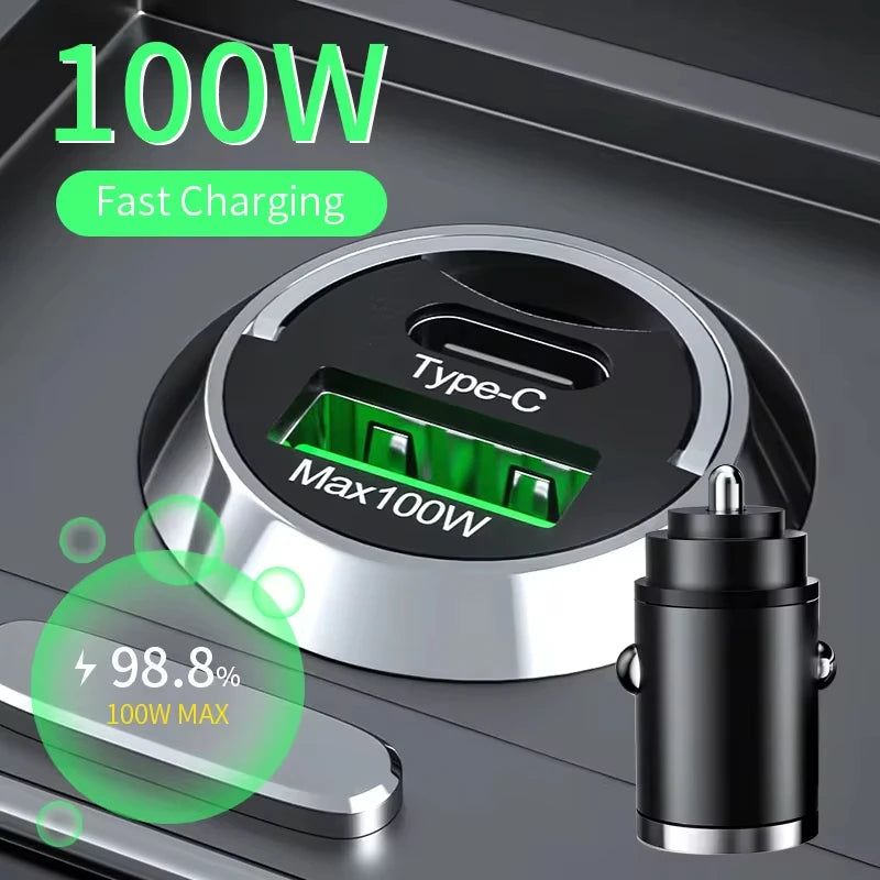 100W Mini Car Charger – PD & QC3.0 Fast Charging